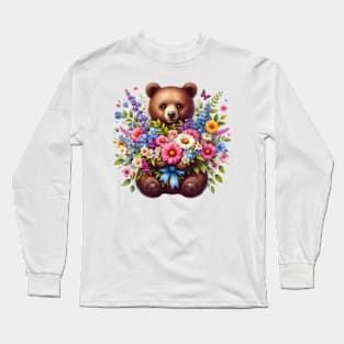 A brown bear decorated with beautiful colorful flowers. Long Sleeve T-Shirt